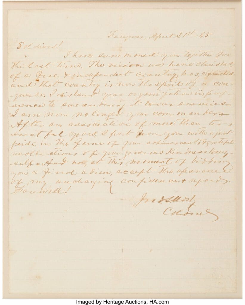 Confederate Colonel John S. Mosbys Farewell Address to His Rangers Heritage Auctions Confederate Colonel John S. Mosbys Farewell Address to His Rangers Heritage Auctions